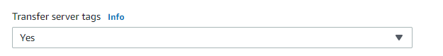 Dropdown menu for selecting whether to transfer server tags, with "Yes" option displayed.