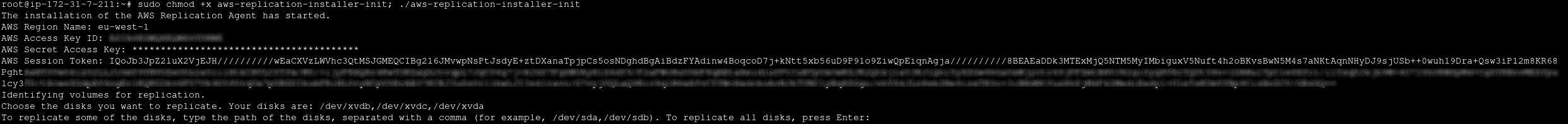Terminal window showing AWS Replication Agent installation and volume identification process.