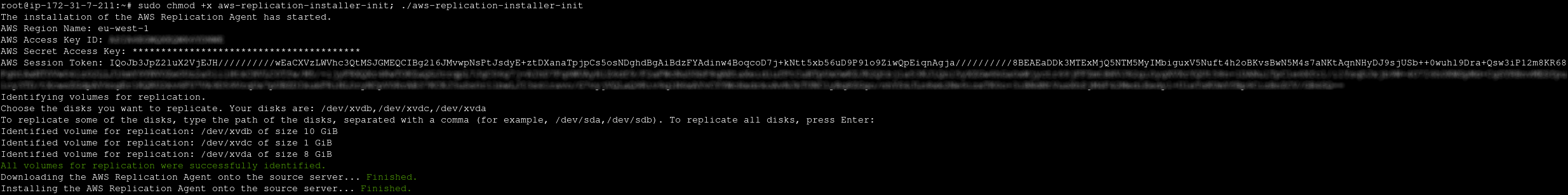Terminal output showing AWS Replication Agent installation and volume identification process.