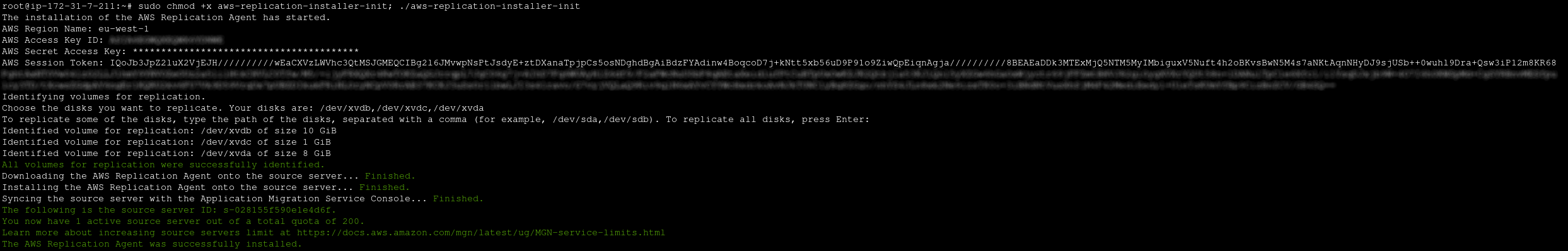 Terminal output showing AWS Replication Agent installation and volume identification process.