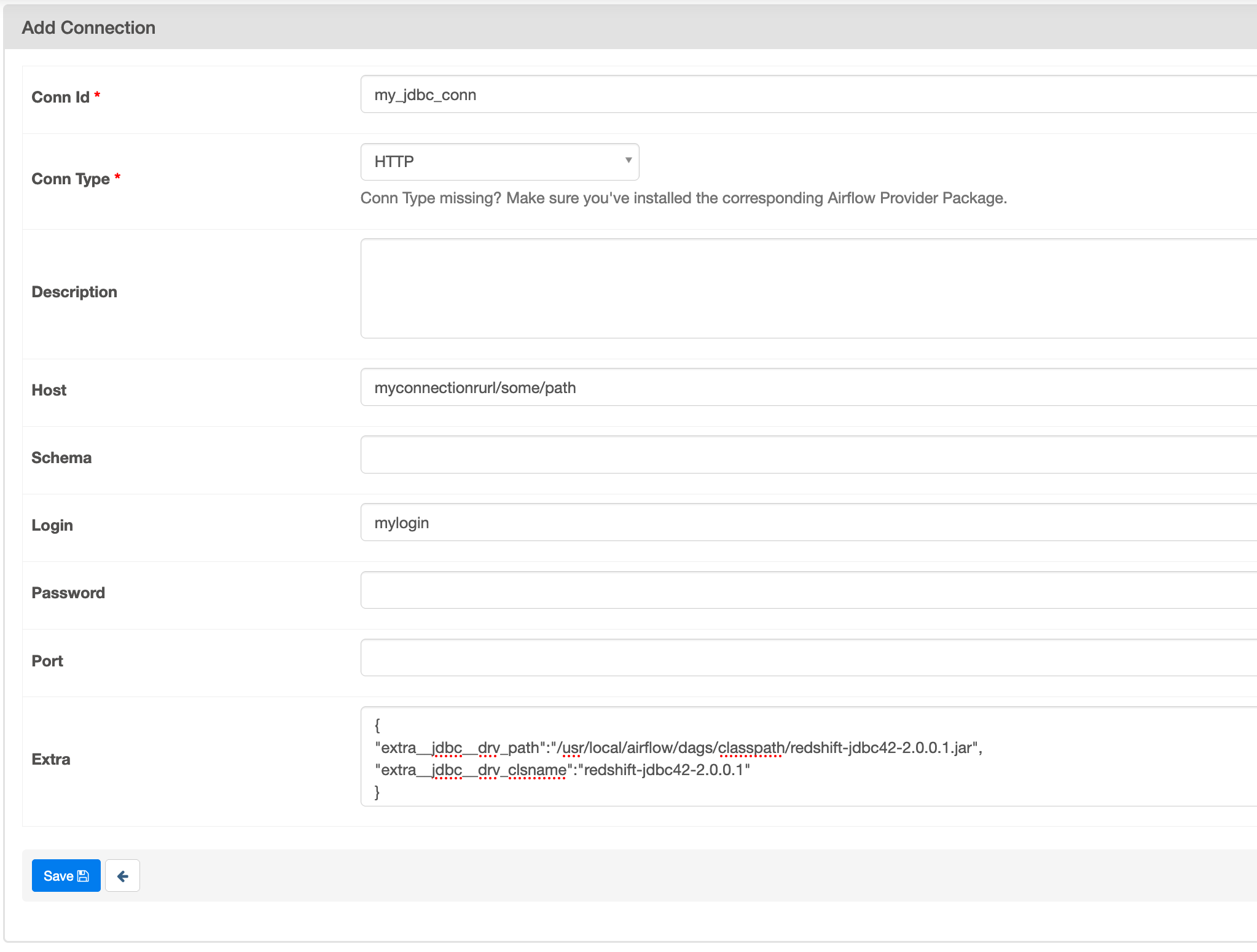 
                  This image shows the HTTP connection type for a Jdbc connection in the Apache Airflow UI.
              