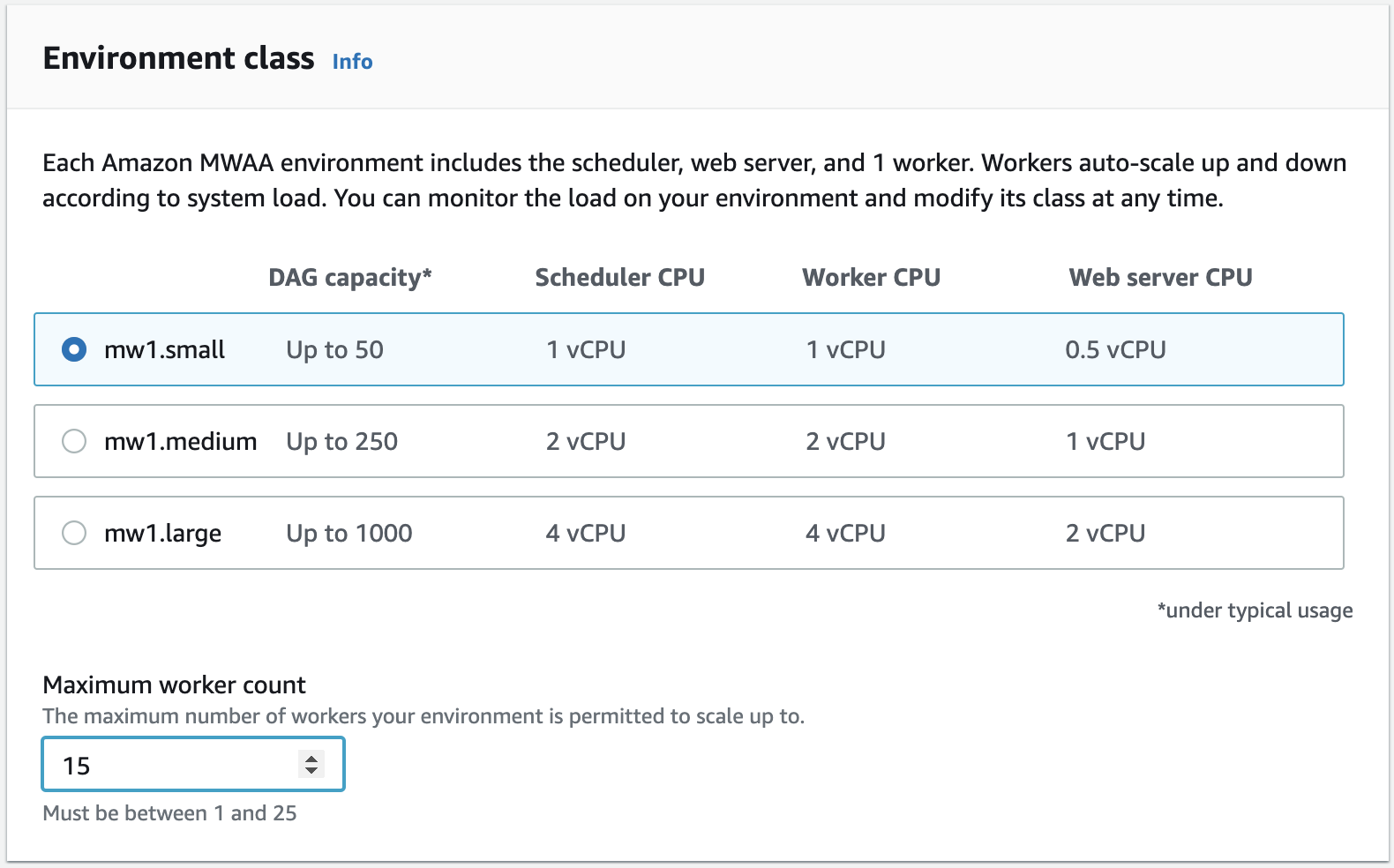 
          This image shows where you can find the Maximum worker count on the Amazon MWAA console.
      