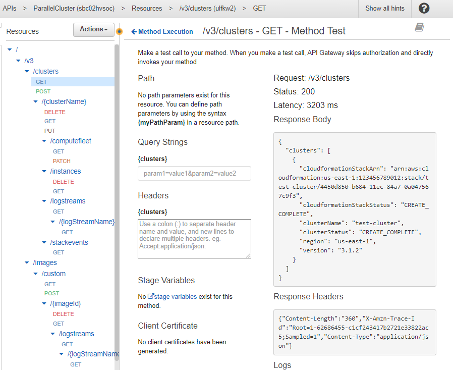
       A console view of the API resources, test mechanisms, and the response from your test request.
      