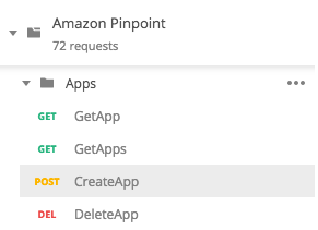 
                        The Apps folder in the Amazon Pinpoint Postman collection. 
                    