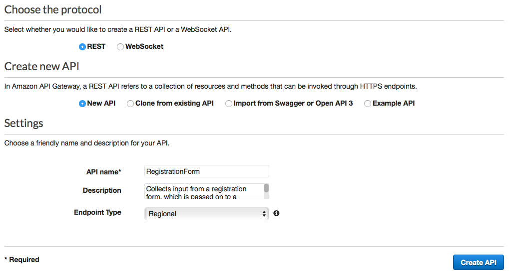 Protocol set to REST, Create new API set to New API, API name set to RegistrationForm, and Endpoint Type set to Regional.