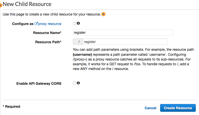 The new child resource pane with resource name set to register.