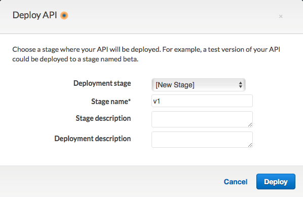 The deploy API windows with Stage name set to v1