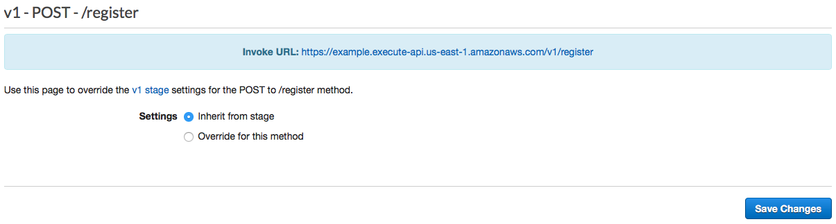 The v1 Stage Editor pane showing the Invoke URL to copy