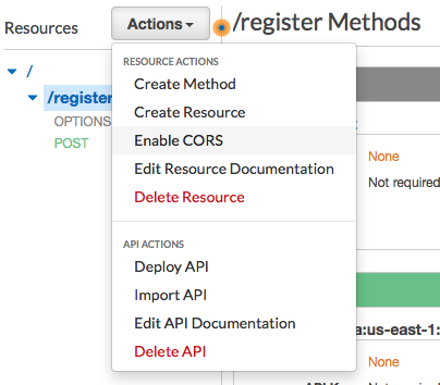 The drop down menu for Actions, shows Enable CORS is selected