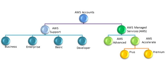 Diagram showing AWS account types and support levels, including AWS Managed Services options.