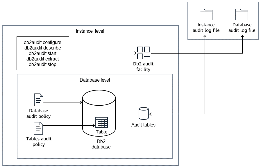 Audit policies connect at the instance level, database, and table level to the audit log files.
