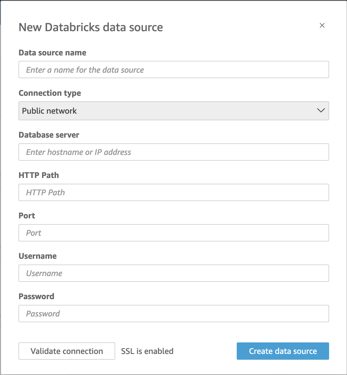 
         				An image of a screen for a new Databricks data source. 
         				    It shows all of the fields described in this section.
         				    The blue button to create data source, at bottom right,
         				    can be activated by pressing ENTER.
         			