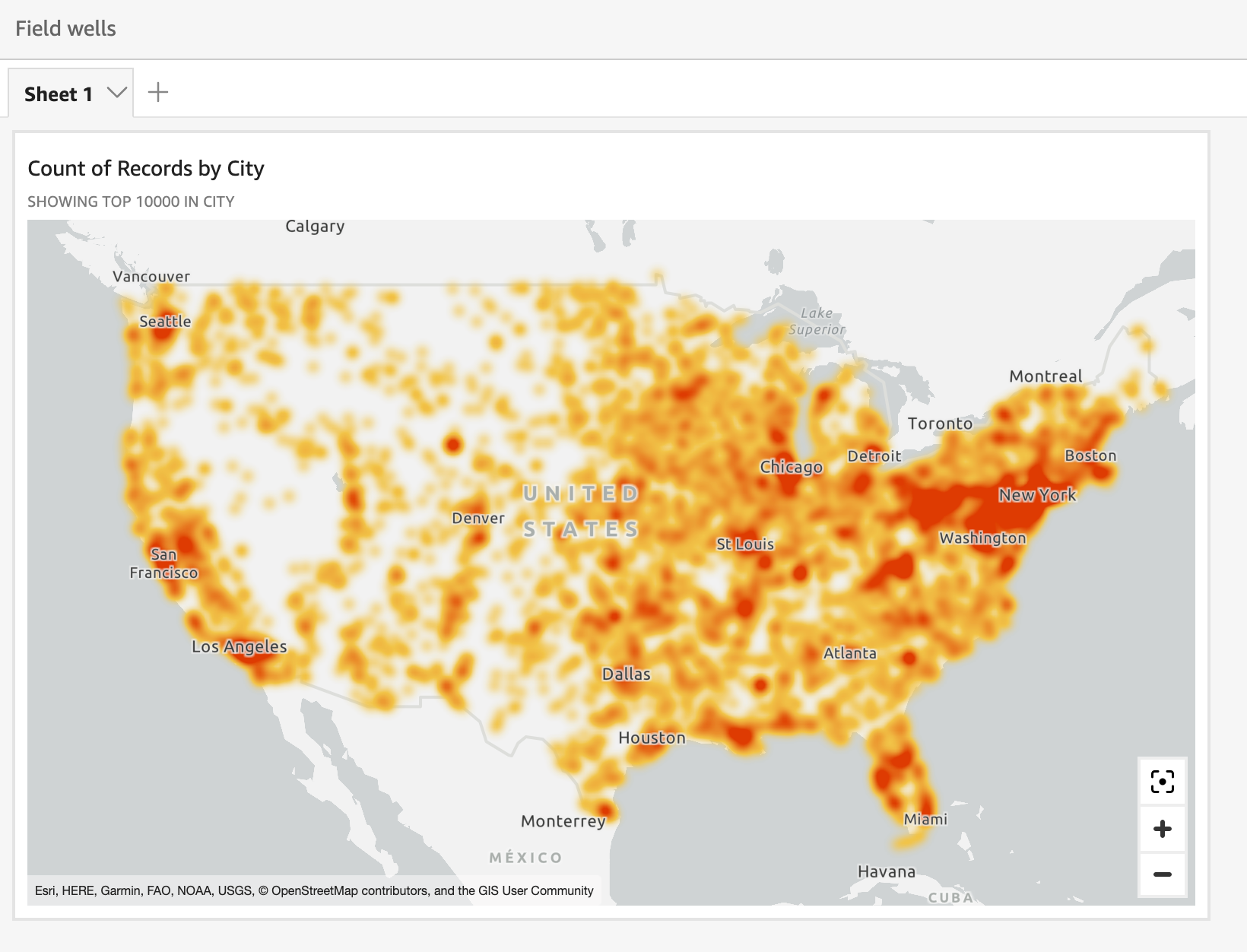 Amazon QuickSight geospatial heat map, image from AWS QuickSight Documentation