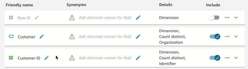 Animated image of adding synonyms to a field.