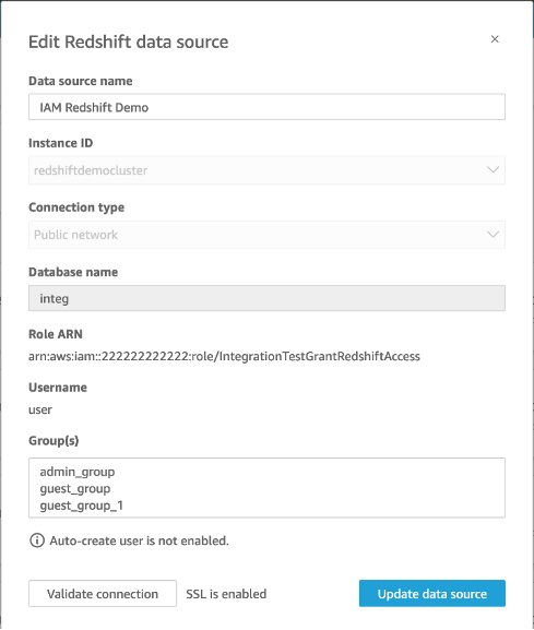 
                The Edit Amazon S3 data source
                    pop up that displays the connection type.
            