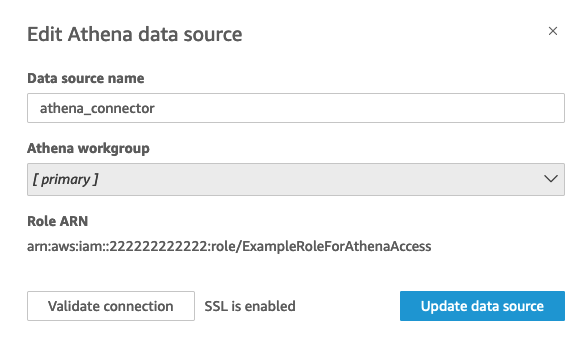 
                The Edit Athena datadource pop up that displays the role ARN.
            