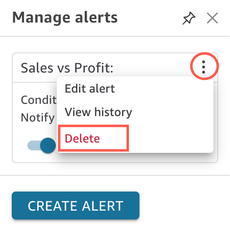 Delete a threshold alert from the Manage alerts menu.