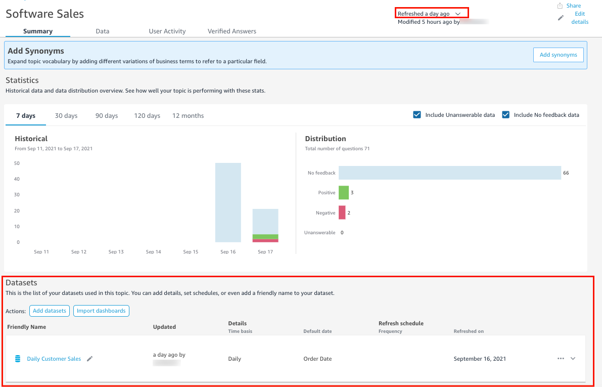 
                        Image of the Summary tab with the Datasets section and topic refresh
                            schedule highlighted.
                    