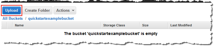 Empty Amazon S3 bucket interface showing "Upload" button and "The bucket is empty" message.