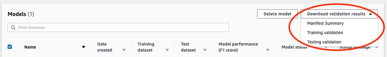 Interface showing model training and validation results with option to download validation results.