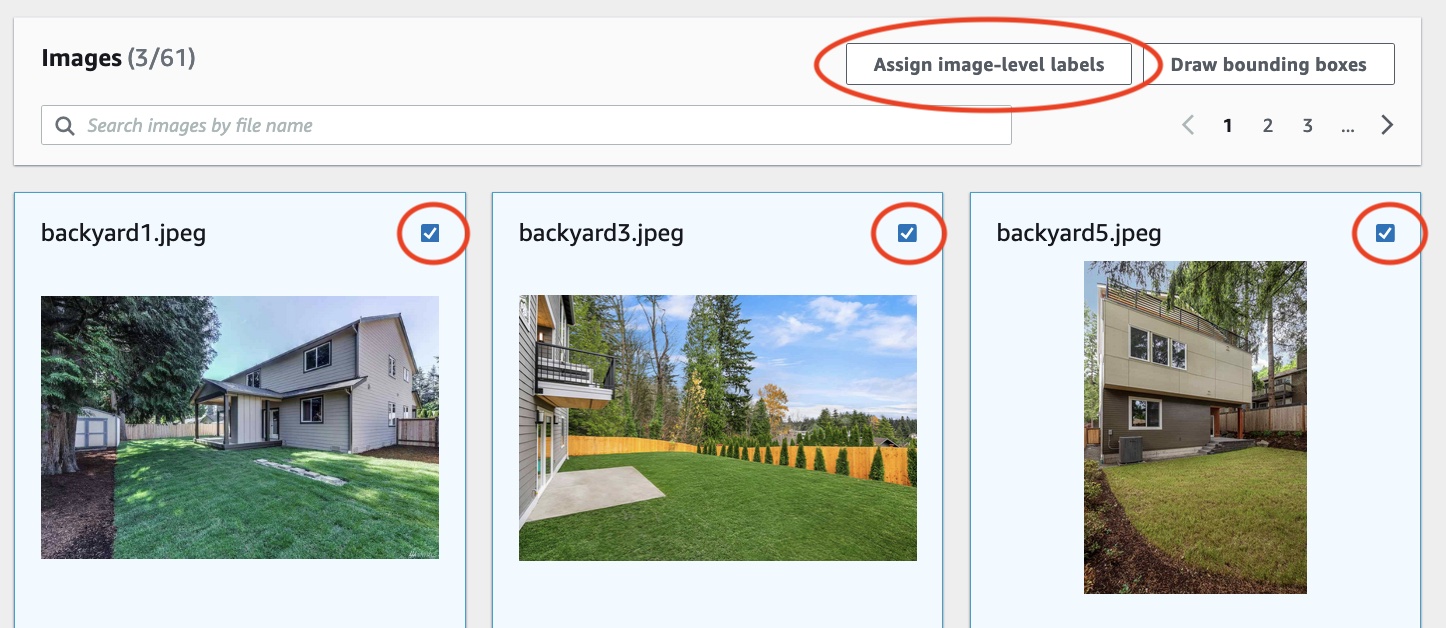 Interface showing three images of residential backyards, with "Assign-image level labels" button.