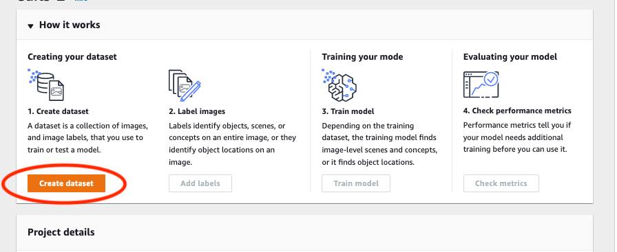 Creating dataset step in training model workflow: Create dataset button for uploading images and labels to train model.