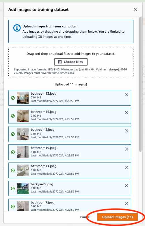 Grid showing 11 image thumbnails ready for upload to a training dataset.