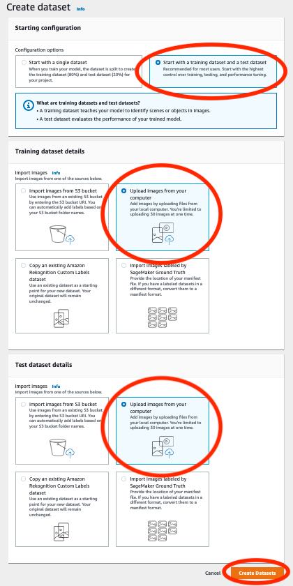 User interface to create training and test datasets. Create datasets and Cancel button at bottom.