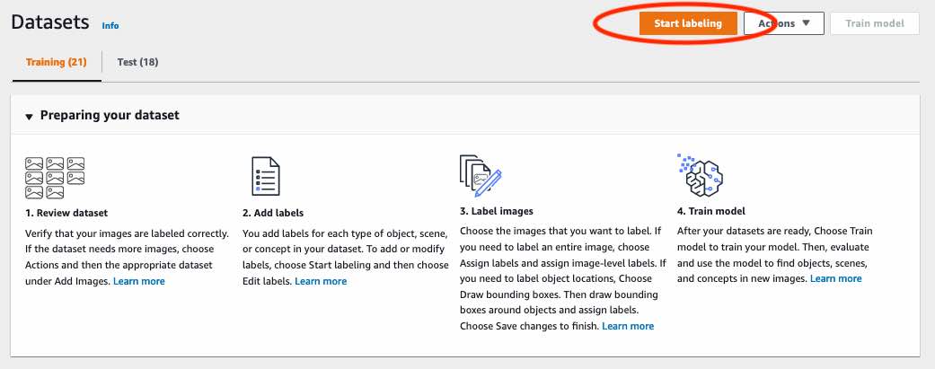 Dataset gallery interface showing steps to label images: review, add labels, label object locations with bounding boxes, and train model. Start labeling button highlighted.