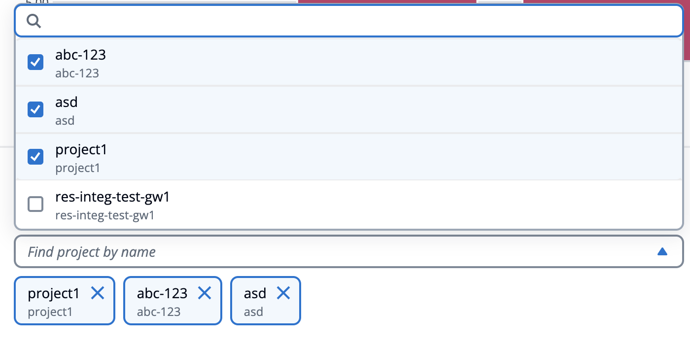 Detail of filter settings showing projects which are selected for display