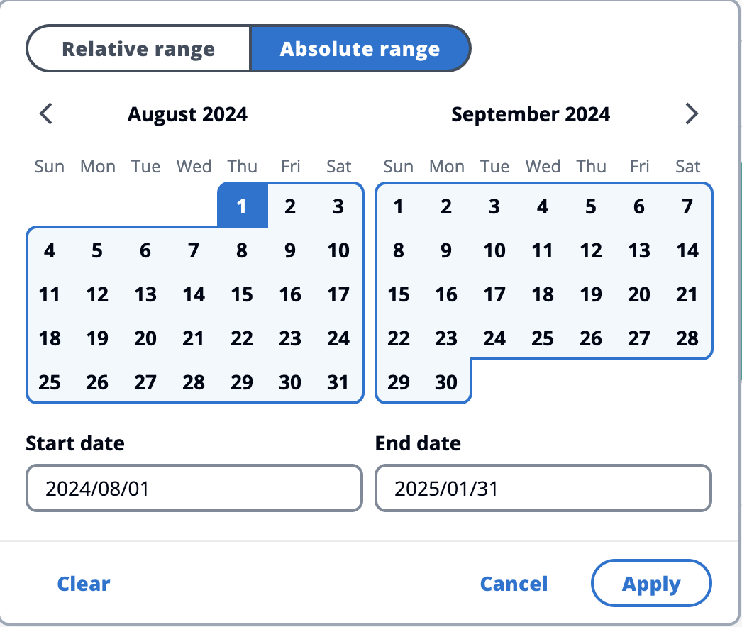 Detail of pop-out that allows the selection of an absolute time range