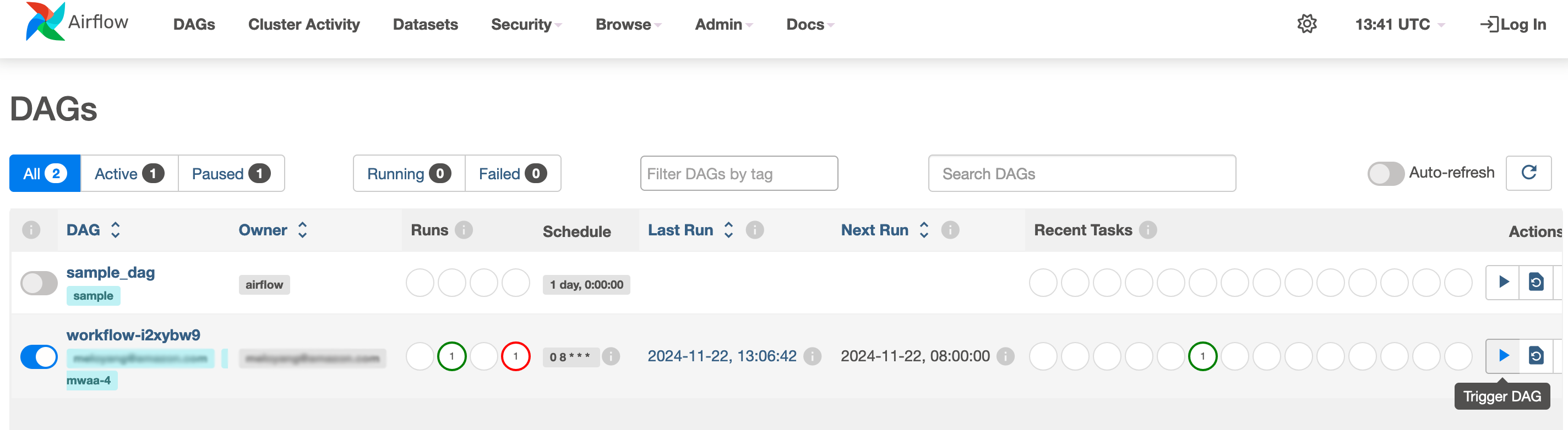 The Airflow UI showing the option to Trigger DAG.