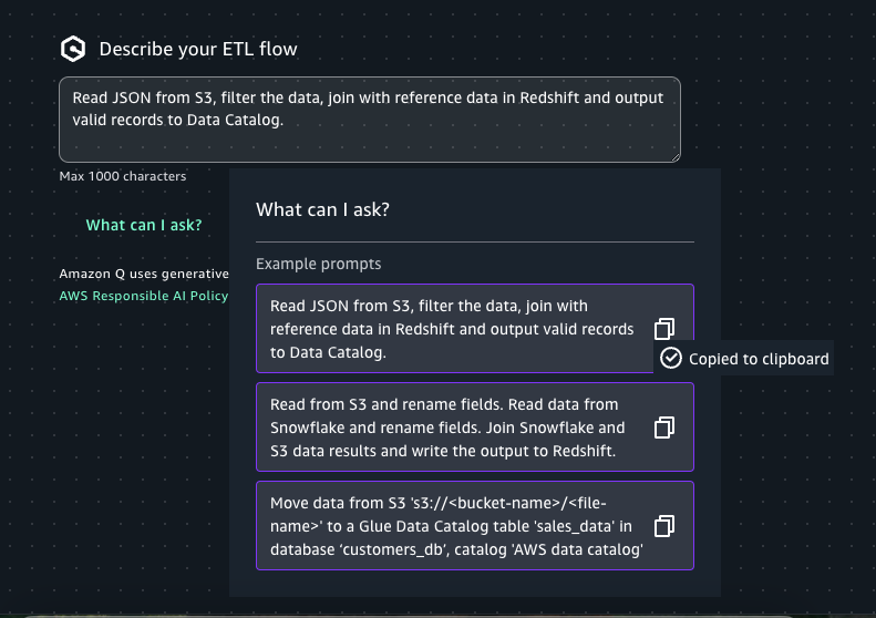The Amazon SageMaker Unified Studio UI showing an ETL job described and ready for submission to Q.