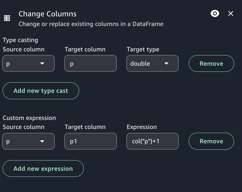The Amazon SageMaker Unified Studio UI showing the configuration options for the Change Columns transform.