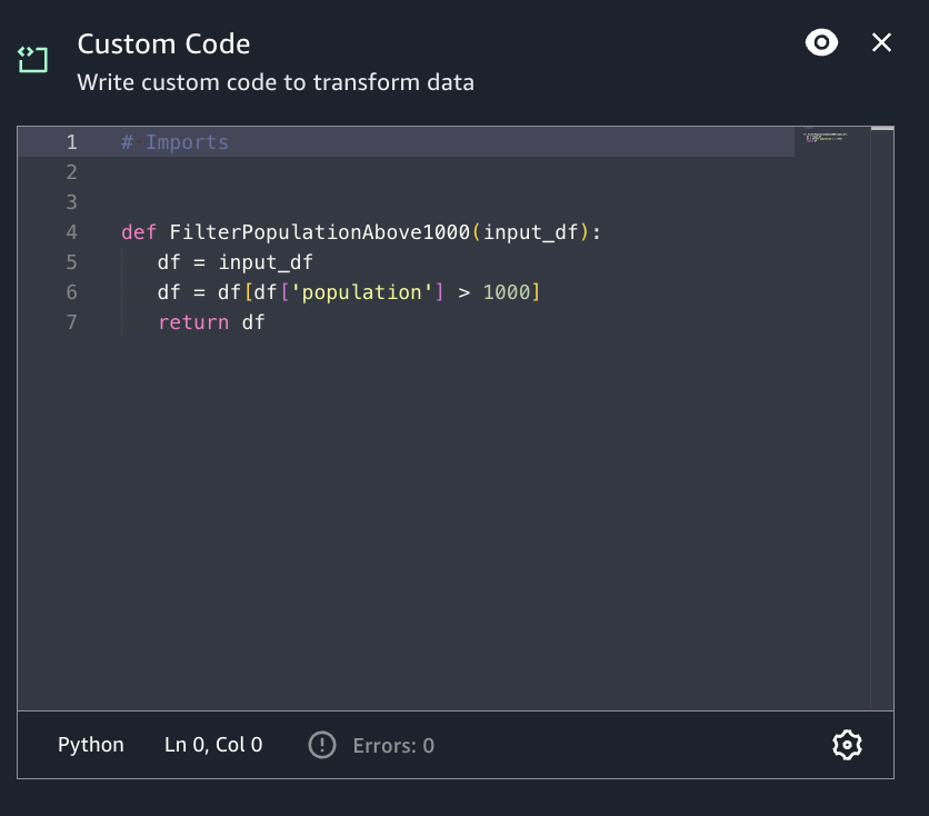The Amazon SageMaker Unified Studio UI showing the configuration options for the Custom Code transform.