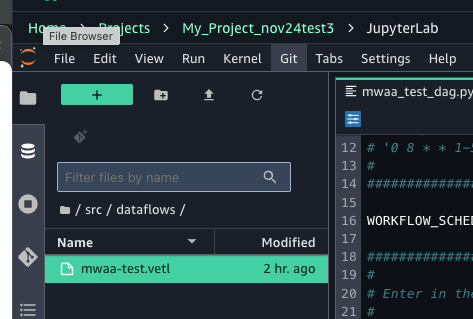 The Amazon SageMaker Unified Studio UI showing the "VETL" file in the source code repo for JupyterLab .