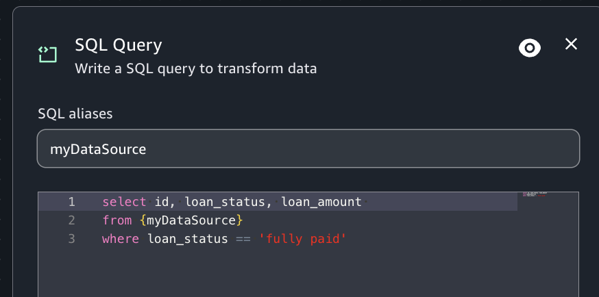 The Amazon SageMaker Unified Studio UI showing the configuration options for the SQL query transform.