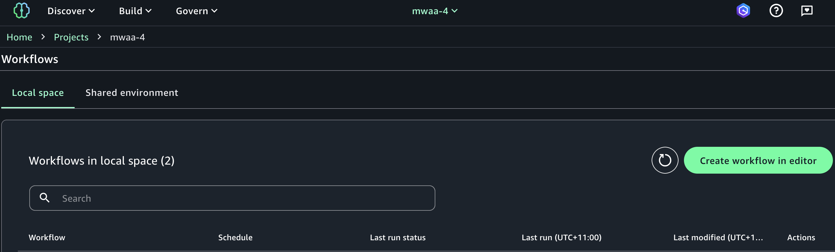 The Amazon SageMaker Unified Studio UI showing the option to "Create workflow in editor" .