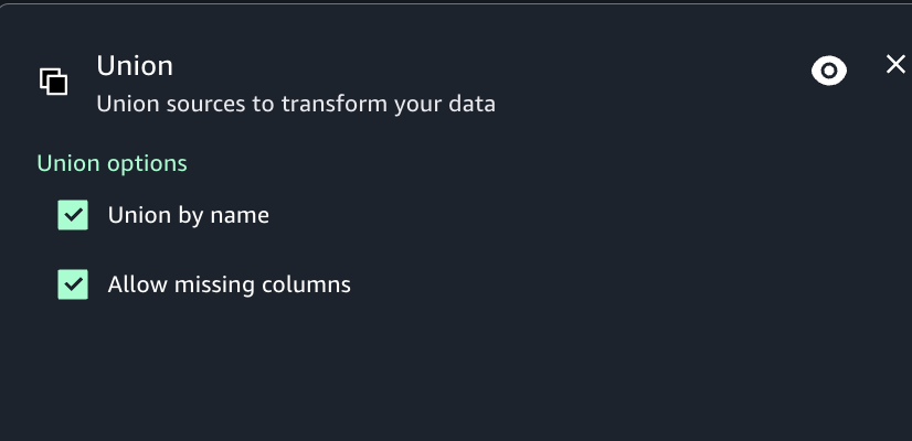 The Amazon SageMaker Unified Studio UI showing the configuration options for the Union transform.
