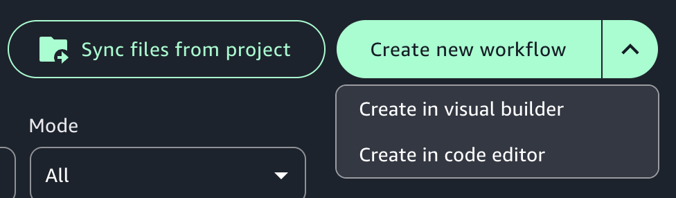 User interface showing "Sync files from project" button and "Create new workflow" dropdown options.