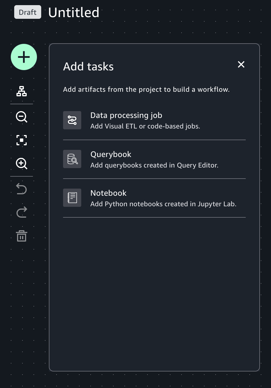Add tasks menu with options for data processing job, querybook, and notebook.