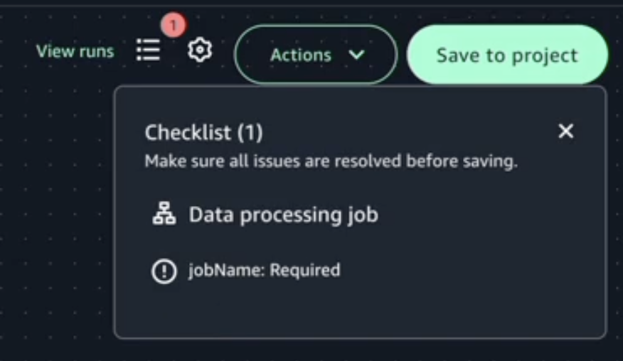 User interface showing a checklist with a data processing job and required jobName field.