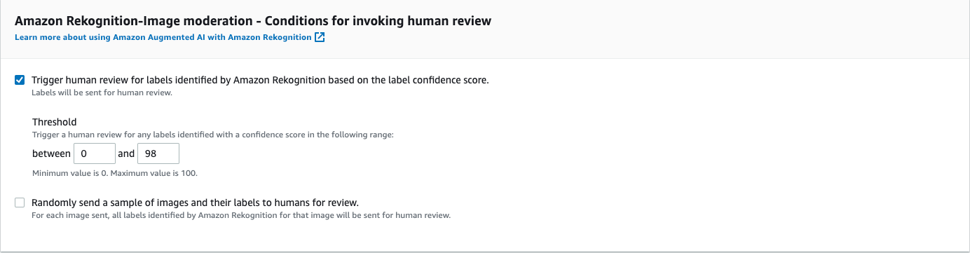 Amazon A2I console showing the conditions for invoking human review section.