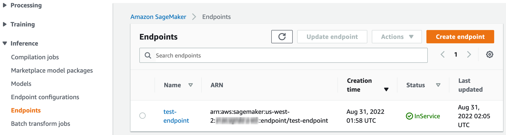 
                      SageMaker console: Endpoints page to create an endpoint or check endpoint
                        status.
                    