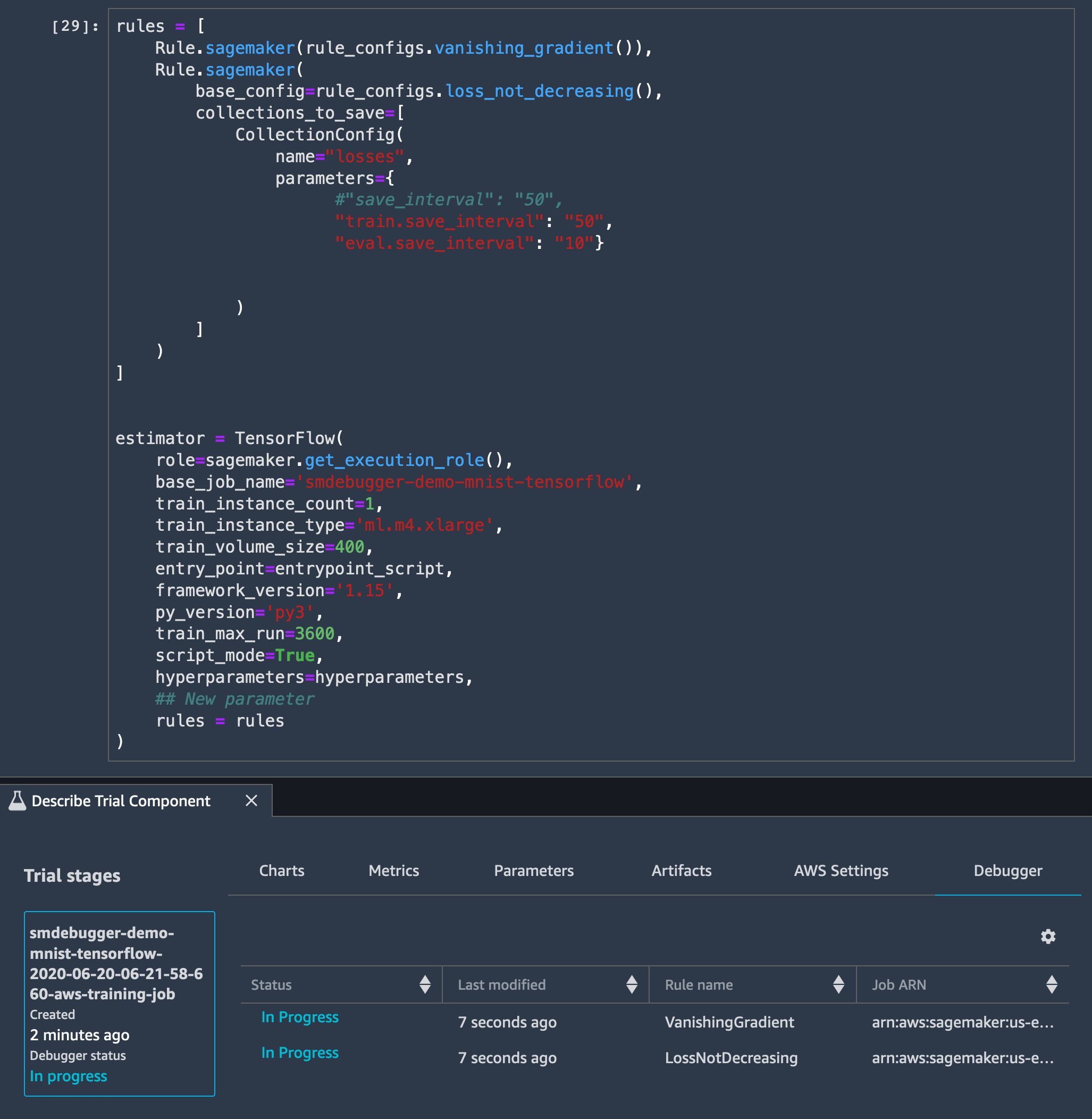 
                    An image of running a training job with Debugger built-in rules activated in SageMaker Studio
                