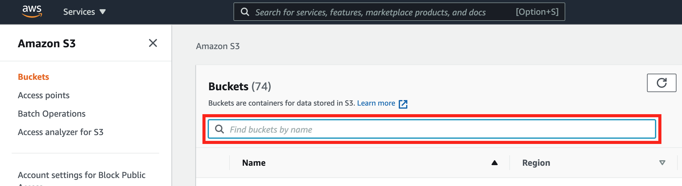 The Find bucket by name field in the Amazon S3 console.