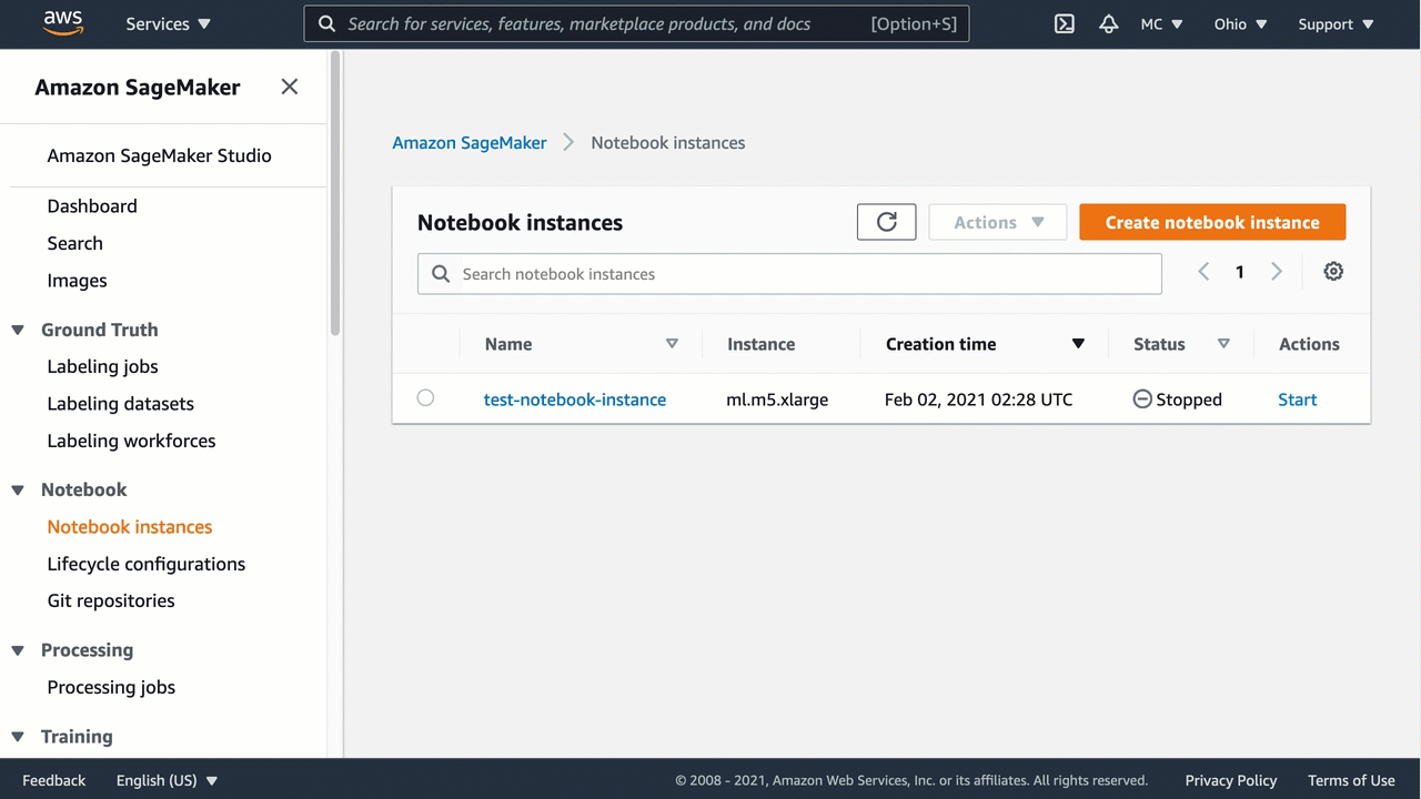 Animated screenshot that shows how to update SageMaker notebook instance settings.