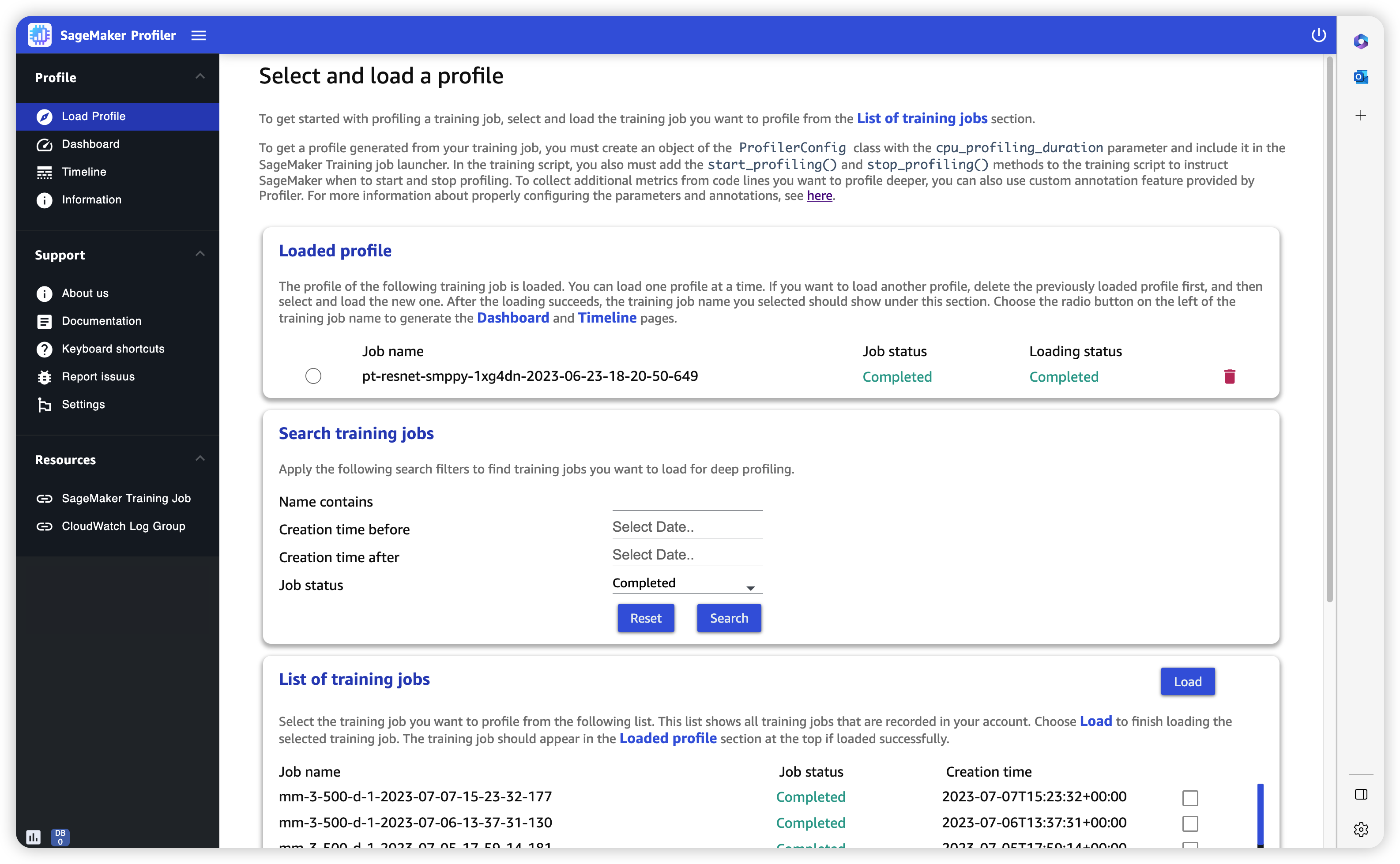 A screenshot of the Load profile page in the SageMaker Profiler UI