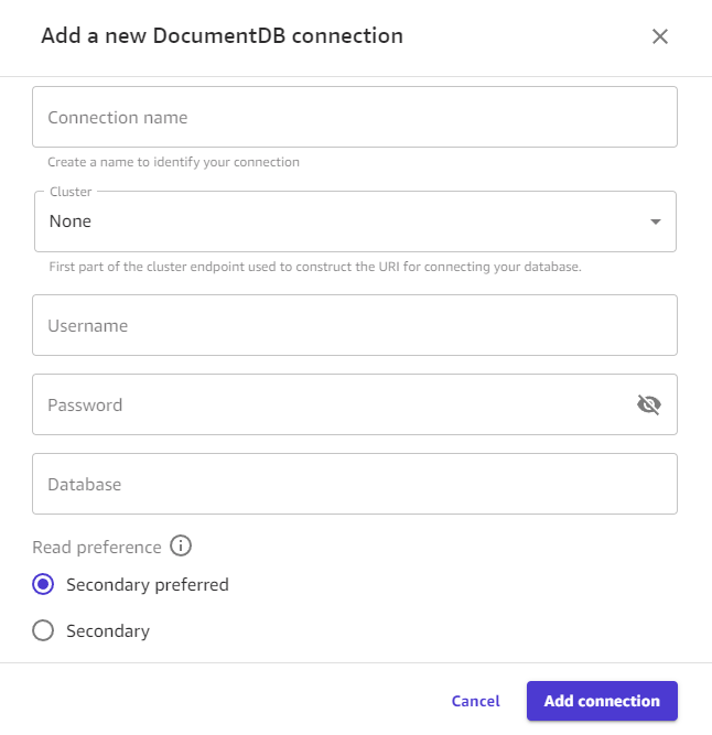 
                                        Screenshot of the Add a new DocumentDB connection
                                            dialog box in Canvas.
                                    