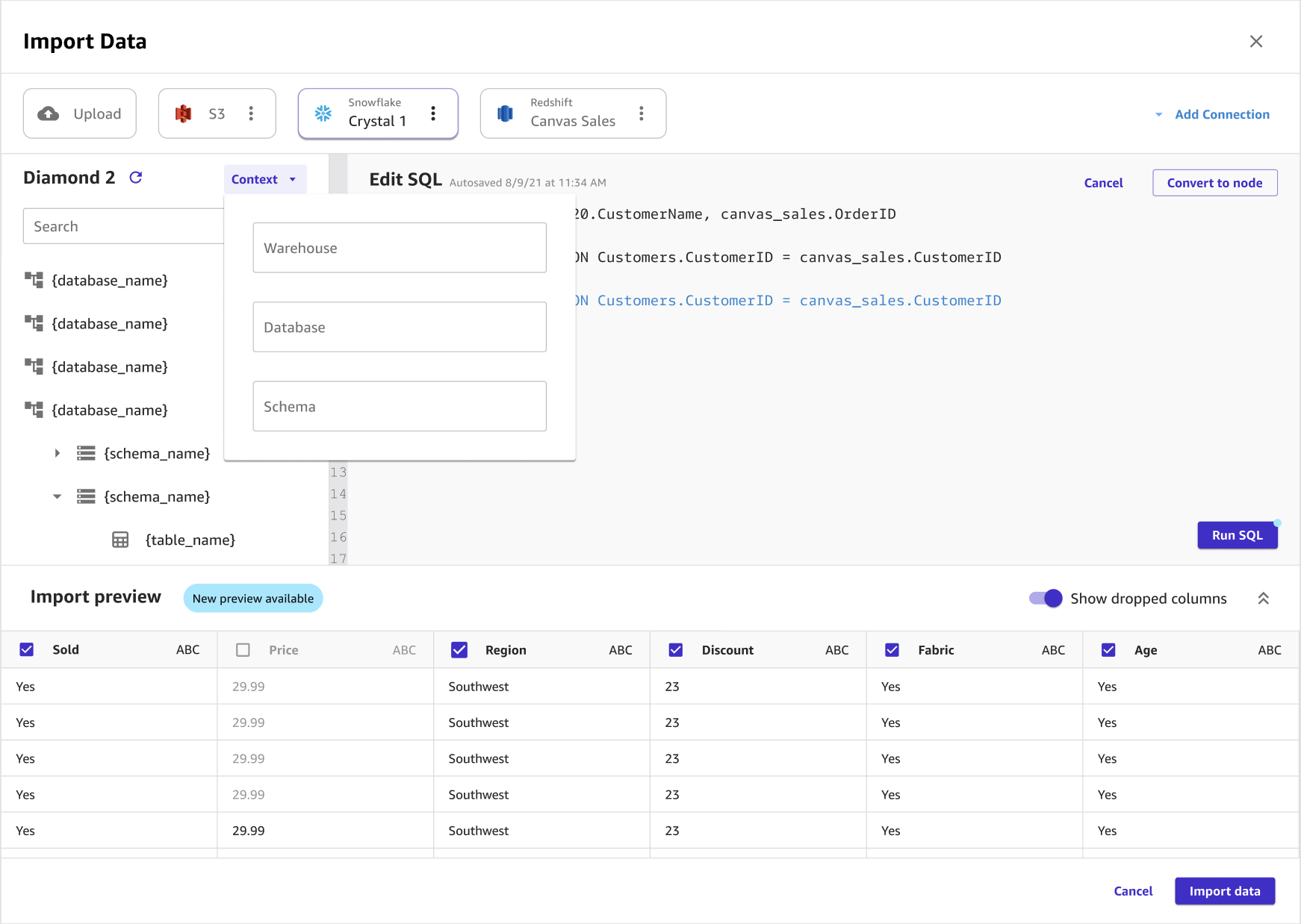 
                        Screenshot of the Import page in Canvas, showing the Context dialog box.
                    